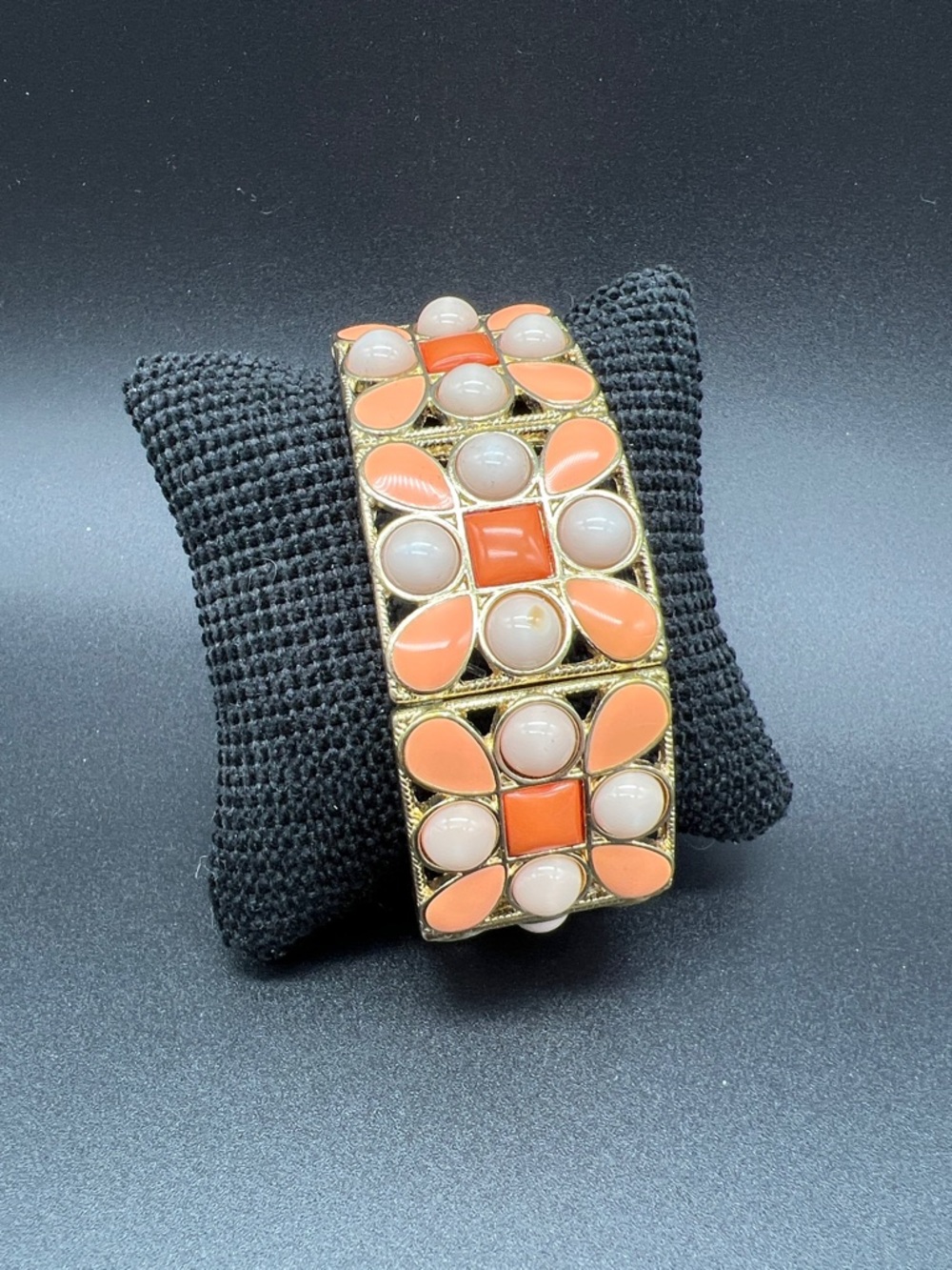 Gold-Tone Stretch Bracelet with Coral and Cream Cabochons and Peach Enamel